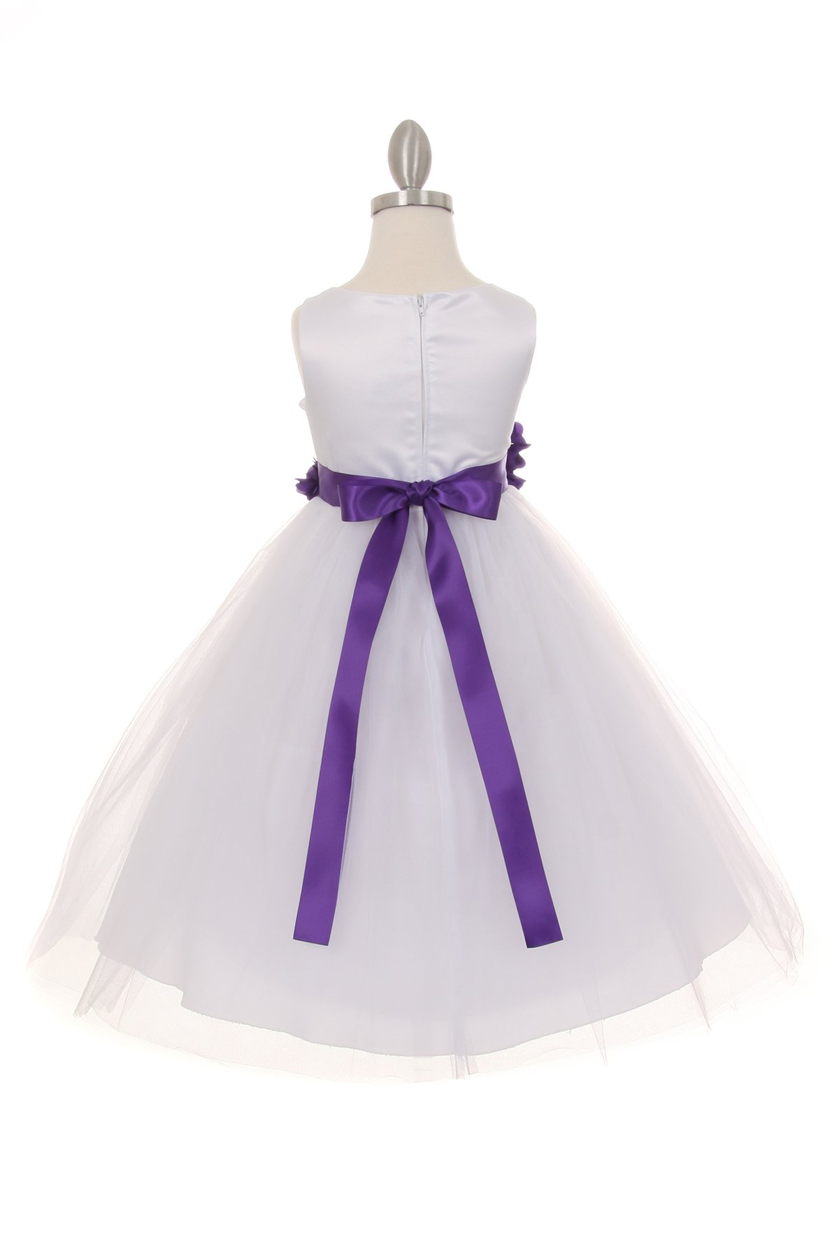 white flower girl dress with purple flower sash
